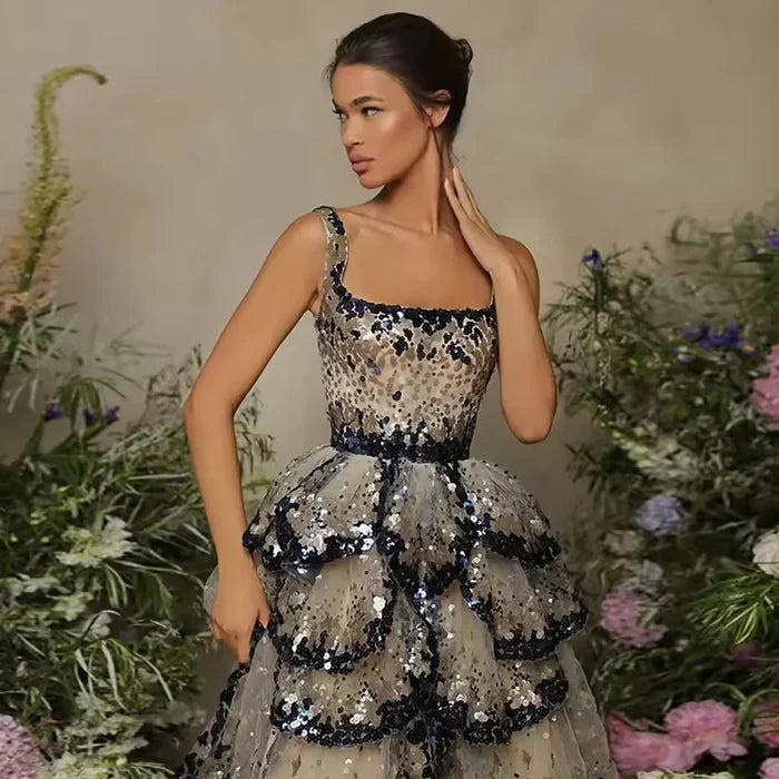 Designer Sparkly Sequin Tiered Ruffles Ball Gown Evening Dress LA72505 - SERENE HILL