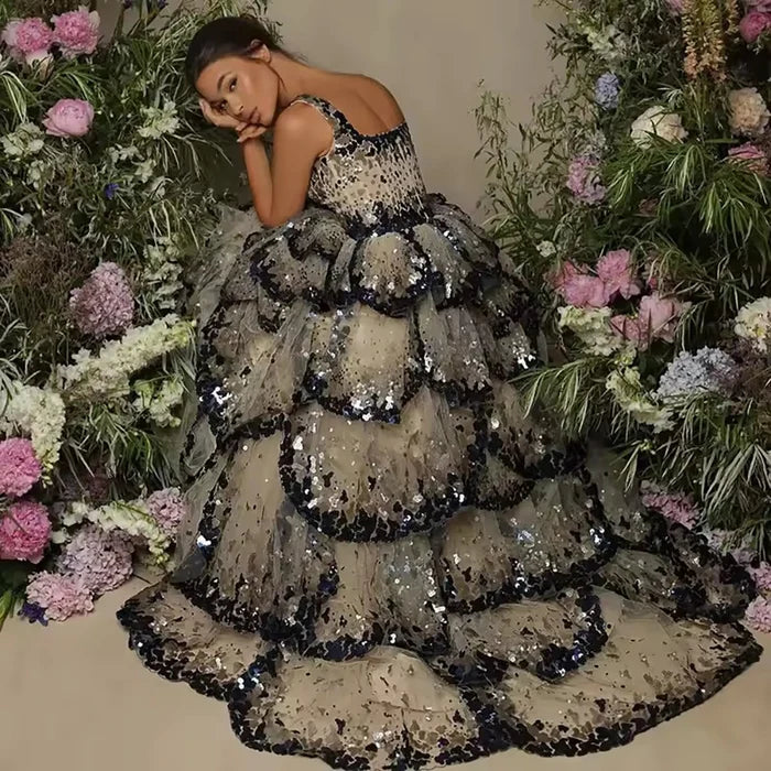 Designer Sparkly Sequin Tiered Ruffles Ball Gown Evening Dress LA72505 - SERENE HILL