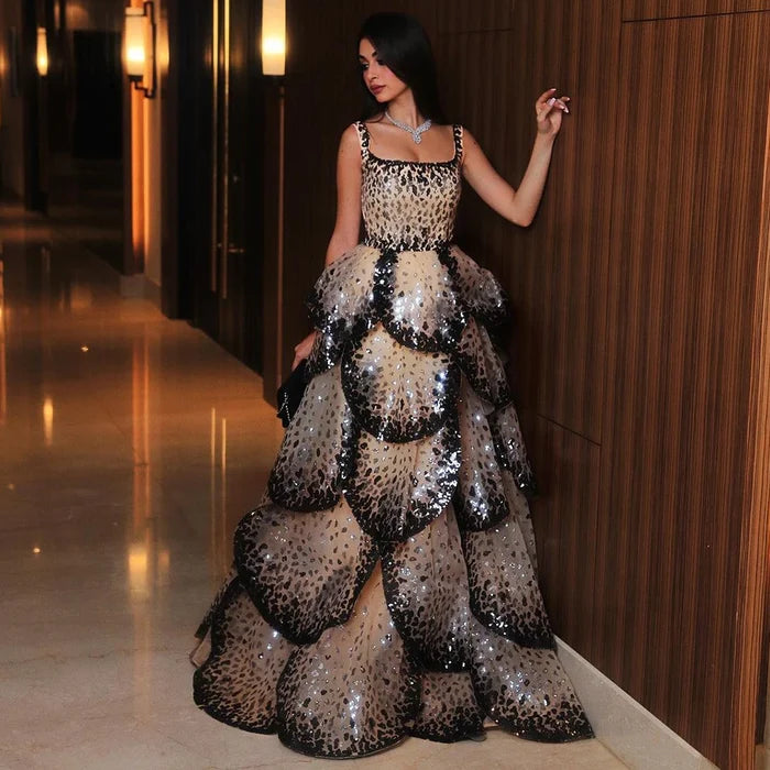 Designer Sparkly Sequin Tiered Ruffles Ball Gown Evening Dress LA72505 - SERENE HILL
