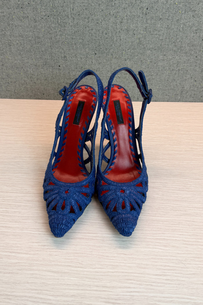 Dolce & Gabbana Blue Woven Raffia Slingback Pumps image 1