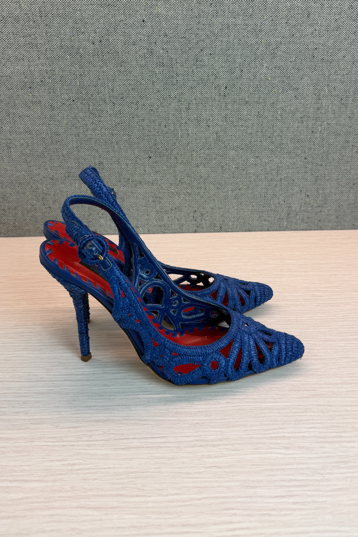 Dolce & Gabbana Blue Woven Raffia Slingback Pumps image 4