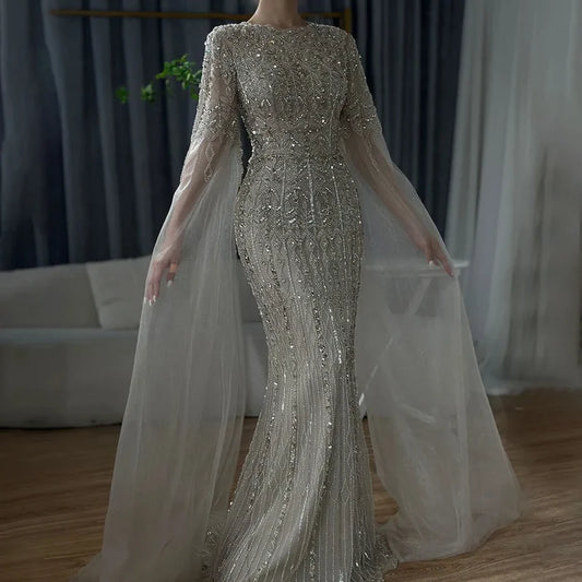 Dubai Caramel Elegant Cape Sleeve Luxury Beaded Evening Gown LA72775 - SERENE HILL
