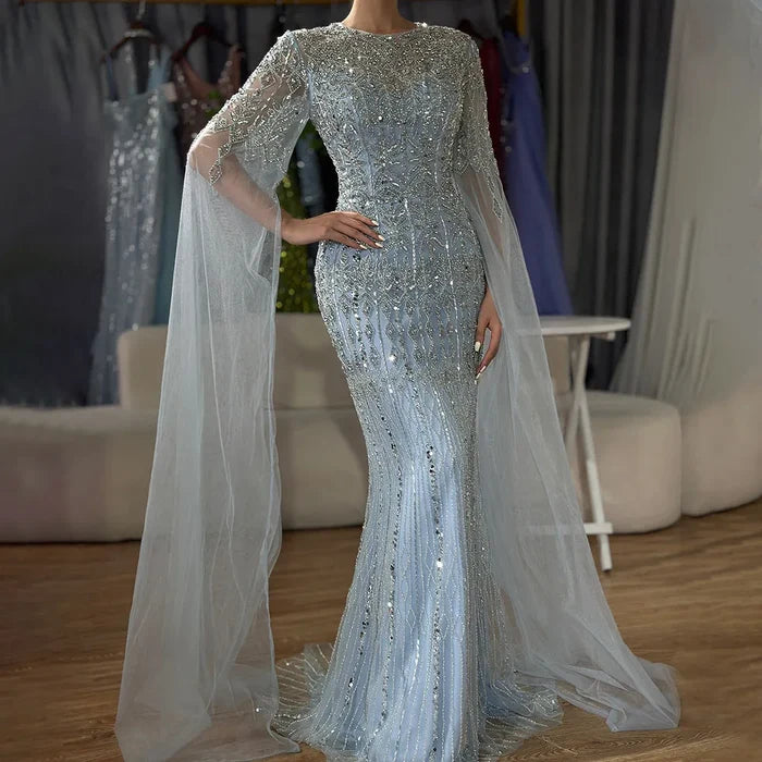 Dubai Caramel Elegant Cape Sleeve Luxury Beaded Evening Gown LA72775 - SERENE HILL