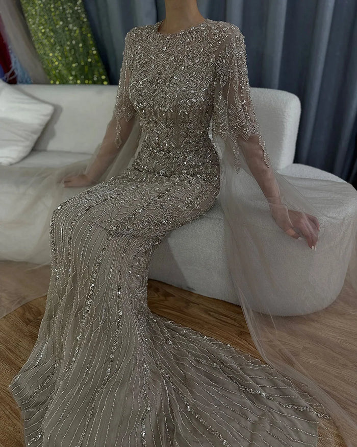 Dubai Caramel Elegant Cape Sleeve Luxury Beaded Evening Gown LA72775 - SERENE HILL