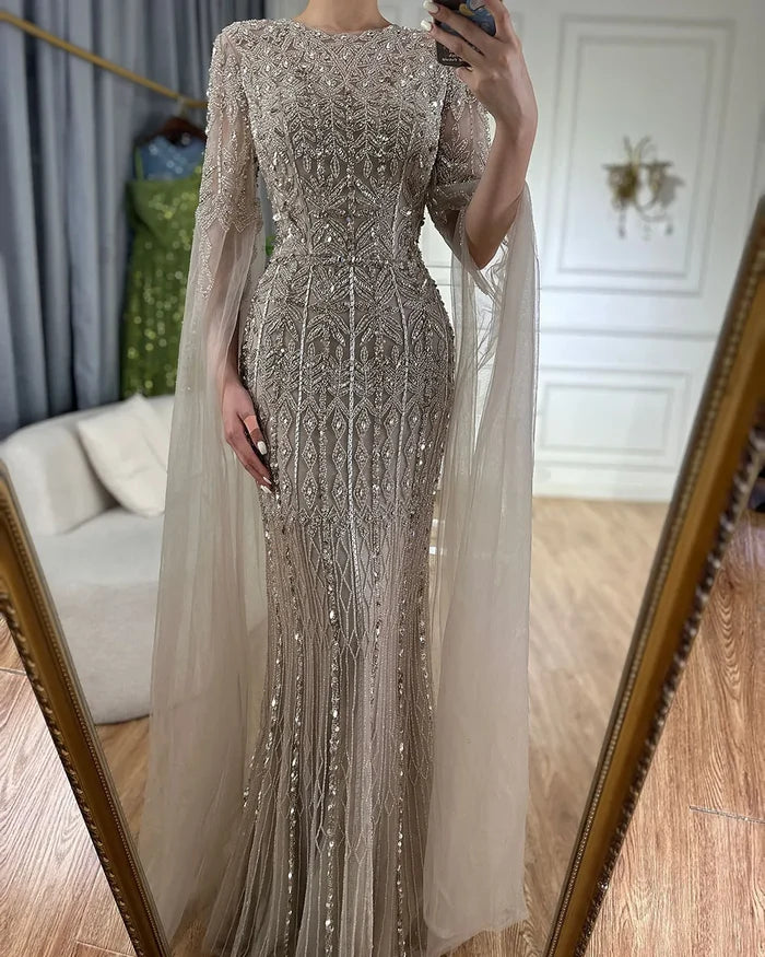 Dubai Caramel Elegant Cape Sleeve Luxury Beaded Evening Gown LA72775 - SERENE HILL