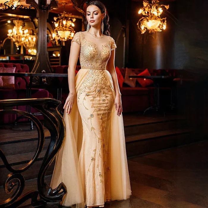 Dubai Crystal Short Sleeve Evening Dresses Design 2025 Luxury Mermaid Sexy Formal Dress Serene Hill LA60960 - SERENE HILL