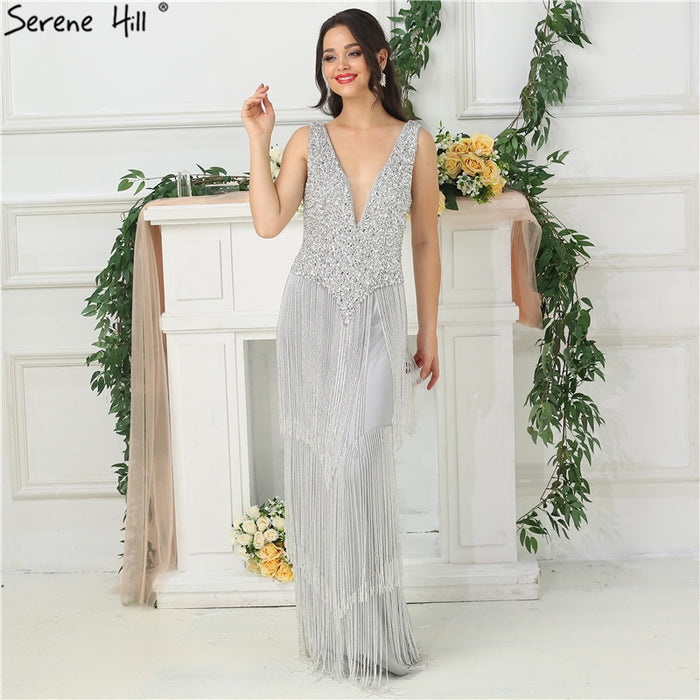 Dubai Design Silver Sexy Deep-V Evening Dress Sequined LA6674 - SERENE HILL