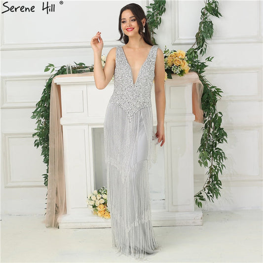 Dubai Design Silver Sexy Deep-V Evening Dress Sequined LA6674 - SERENE HILL