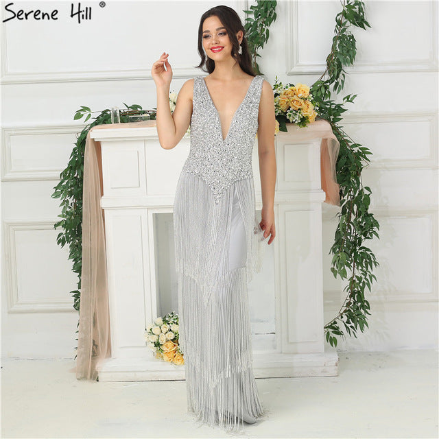 Dubai Design Silver Sexy Deep-V Evening Dress Sequined LA6674 - SERENE HILL