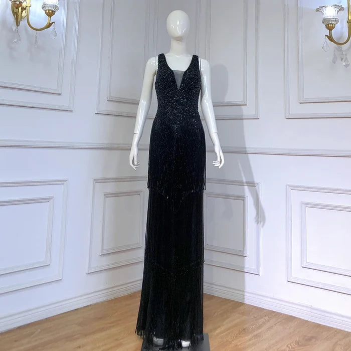 Dubai Design Silver Sexy Deep-V Evening Dress Sequined LA6674 - SERENE HILL