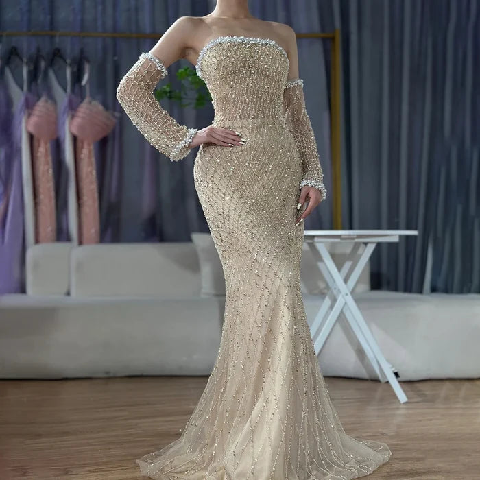 Dubai Elegant White Nude Beaded Evening Dress with Gloves LA72649 - SERENE HILL