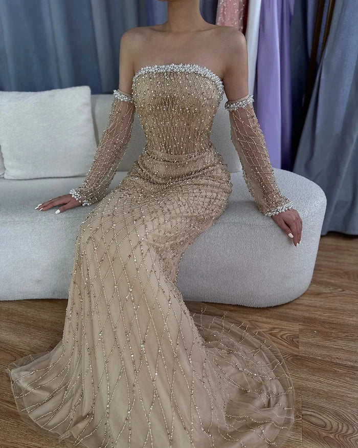 Dubai Elegant White Nude Beaded Evening Dress with Gloves LA72649 - SERENE HILL