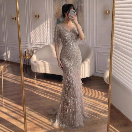 Dubai Feathers Brown Mermaid Evening Dresses  LA71323 - SERENE  HILL