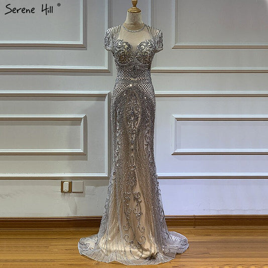 Dubai Grey Full Diamond Sexy Evening Dresses 2025 Cap Sleeve Luxury Mermaid Formal Dress Serene Hill LA60934 - SERENE HILL