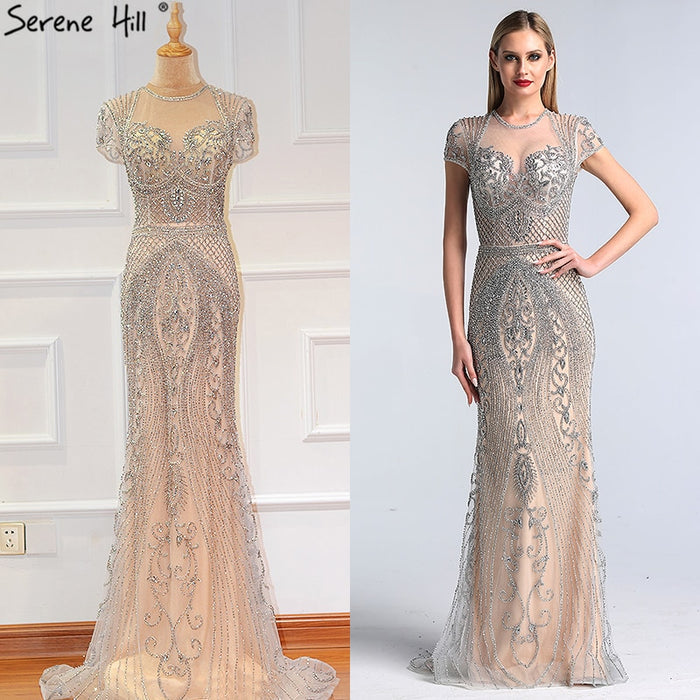 Dubai Grey Full Diamond Sexy Evening Dresses 2025 Cap Sleeve Luxury Mermaid Formal Dress Serene Hill LA60934 - SERENE HILL