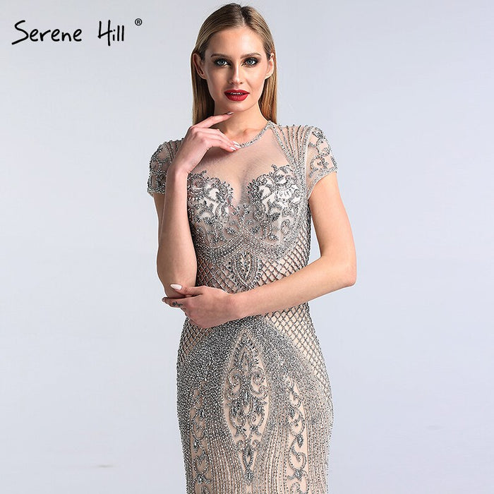 Dubai Grey Full Diamond Sexy Evening Dresses 2025 Cap Sleeve Luxury Mermaid Formal Dress Serene Hill LA60934 - SERENE HILL
