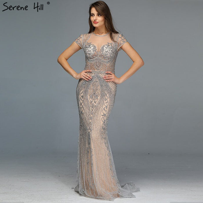 Dubai Grey Full Diamond Sexy Evening Dresses 2025 Cap Sleeve Luxury Mermaid Formal Dress Serene Hill LA60934 - SERENE HILL