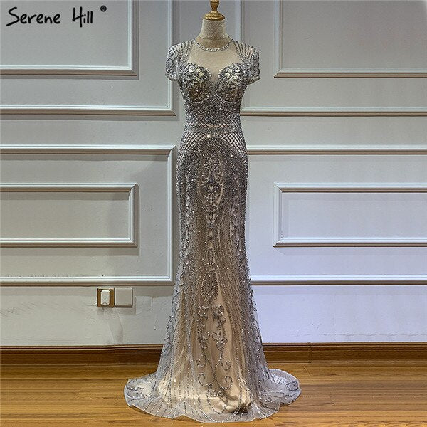 Dubai Grey Full Diamond Sexy Evening Dresses 2025 Cap Sleeve Luxury Mermaid Formal Dress Serene Hill LA60934 - SERENE HILL