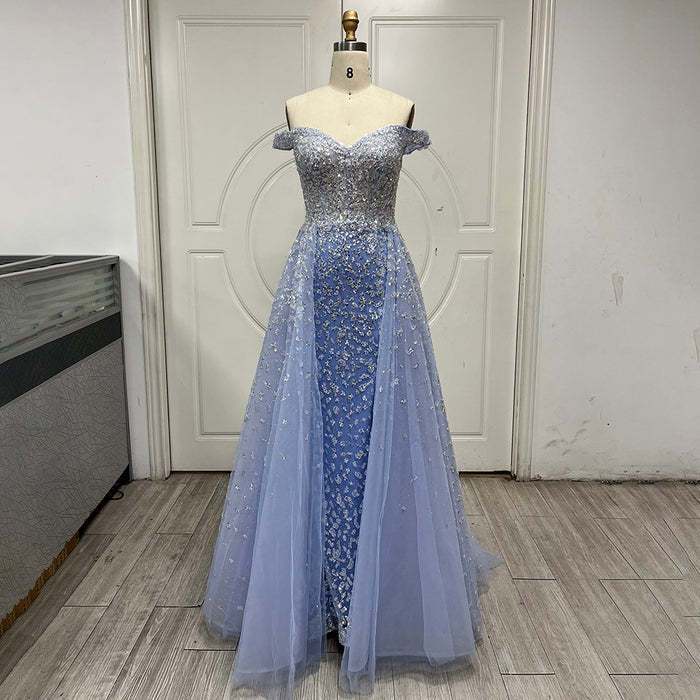 Dubai Luxury Blue Beaded Mermaid Evening Dress with Overskirt LA71796A - SERENE HILL