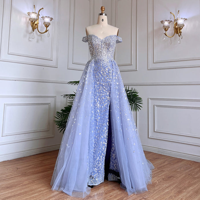 Dubai Luxury Blue Beaded Mermaid Evening Dress with Overskirt LA71796A - SERENE HILL