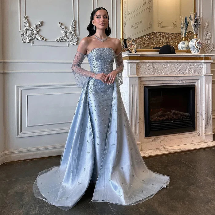 Dubai Luxury Blue Beaded Pearls Evening Gown with Overskirt LA72705 - SERENE HILL