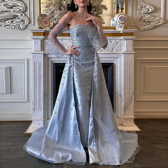 Dubai Luxury Blue Beaded Pearls Evening Gown with Overskirt LA72705 - SERENE HILL
