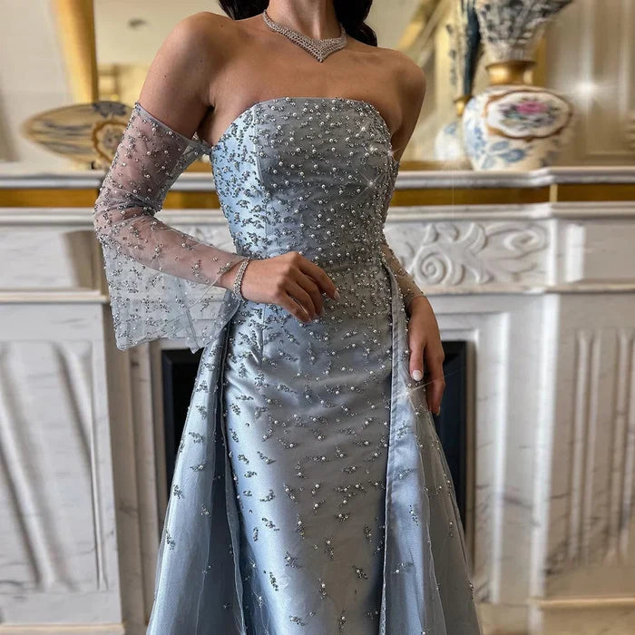 Dubai Luxury Blue Beaded Pearls Evening Gown with Overskirt LA72705 - SERENE HILL