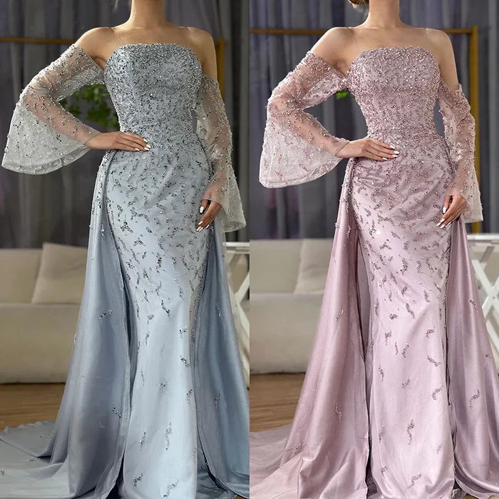 Dubai Luxury Blue Beaded Pearls Evening Gown with Overskirt LA72705 - SERENE HILL