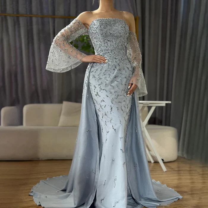 Dubai Luxury Blue Beaded Pearls Evening Gown with Overskirt LA72705 - SERENE HILL