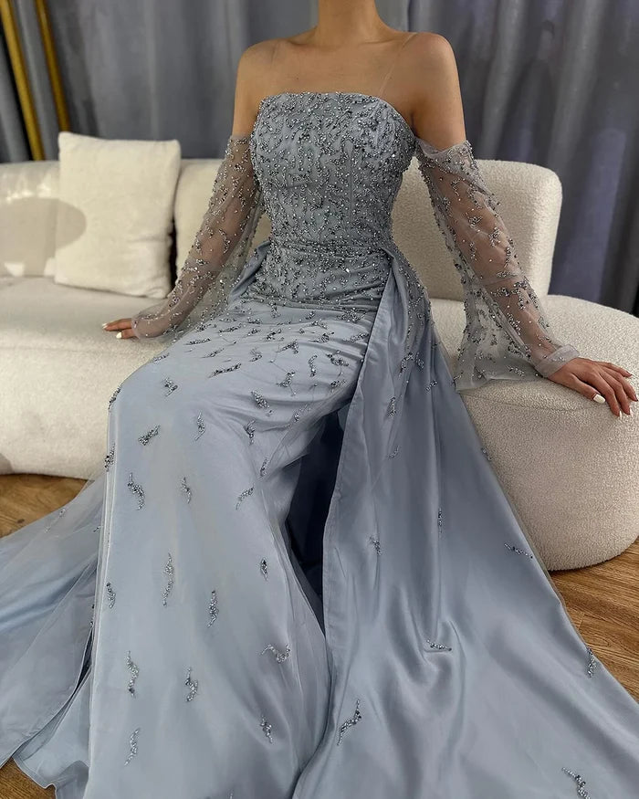 Dubai Luxury Blue Beaded Pearls Evening Gown with Overskirt LA72705 - SERENE HILL