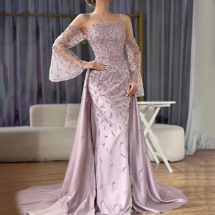 Dubai Luxury Blue Beaded Pearls Evening Gown with Overskirt LA72705 - SERENE HILL