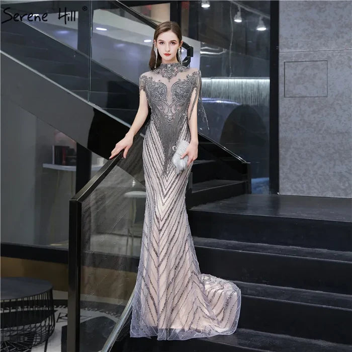 Dubai Luxury High-end Evening Dresses 2025 Champagne Grey Beaded Tassel Formal Serene Hill LA60811 - SERENE HILL
