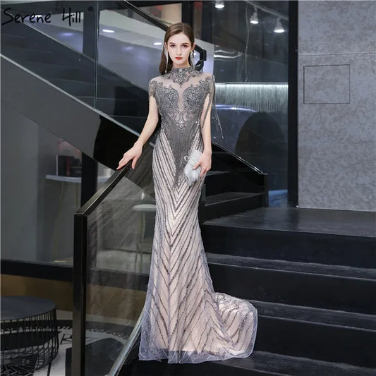 Dubai Luxury High-end Evening Dresses 2025 Champagne Grey Beaded Tassel Formal Serene Hill LA60811 - SERENE HILL