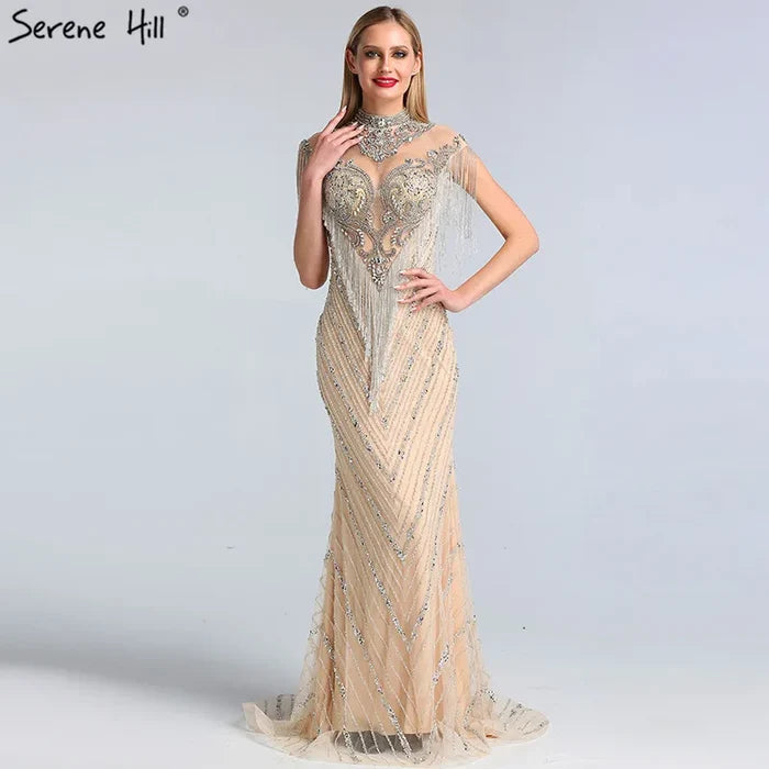 Dubai Luxury High-end Evening Dresses 2025 Champagne Grey Beaded Tassel Formal Serene Hill LA60811 - SERENE HILL