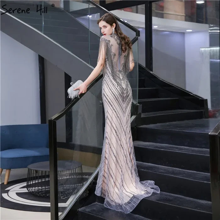 Dubai Luxury High-end Evening Dresses 2025 Champagne Grey Beaded Tassel Formal Serene Hill LA60811 - SERENE HILL