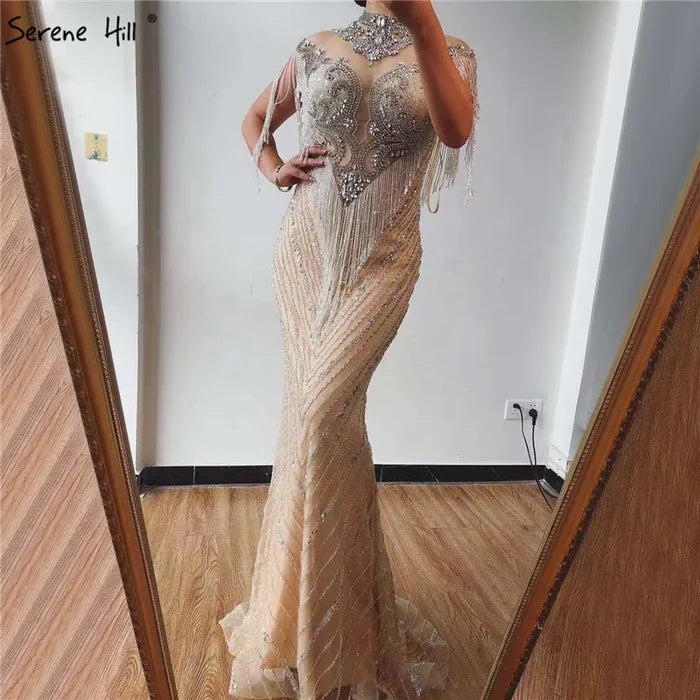 Dubai Luxury High-end Evening Dresses 2025 Champagne Grey Beaded Tassel Formal Serene Hill LA60811 - SERENE HILL