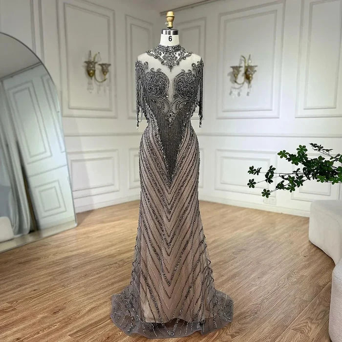 Dubai Luxury High-end Evening Dresses 2025 Champagne Grey Beaded Tassel Formal Serene Hill LA60811 - SERENE HILL