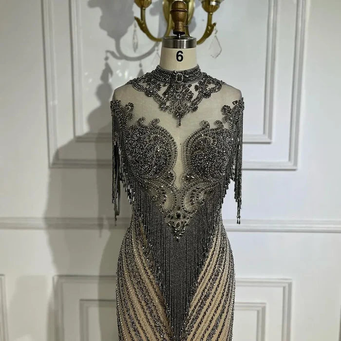 Dubai Luxury High-end Evening Dresses 2025 Champagne Grey Beaded Tassel Formal Serene Hill LA60811 - SERENE HILL
