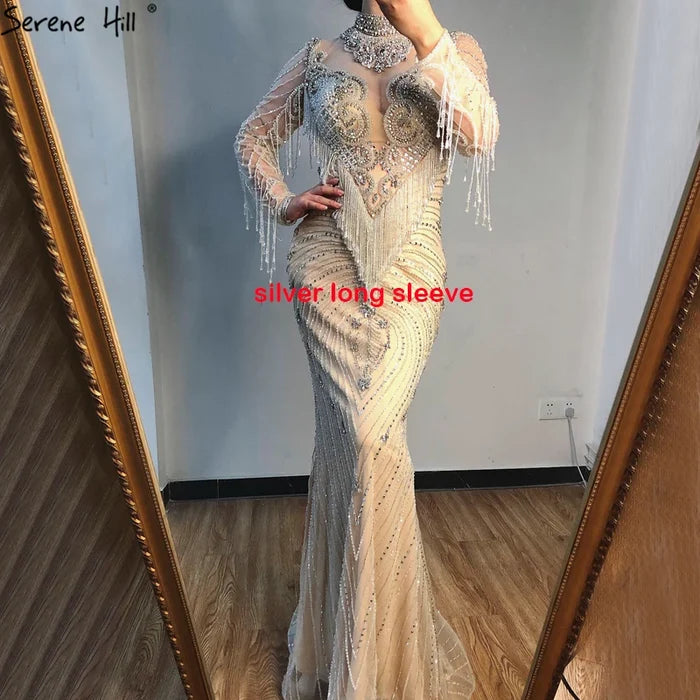 Dubai Luxury High-end Evening Dresses 2025 Champagne Grey Beaded Tassel Formal Serene Hill LA60811 - SERENE HILL