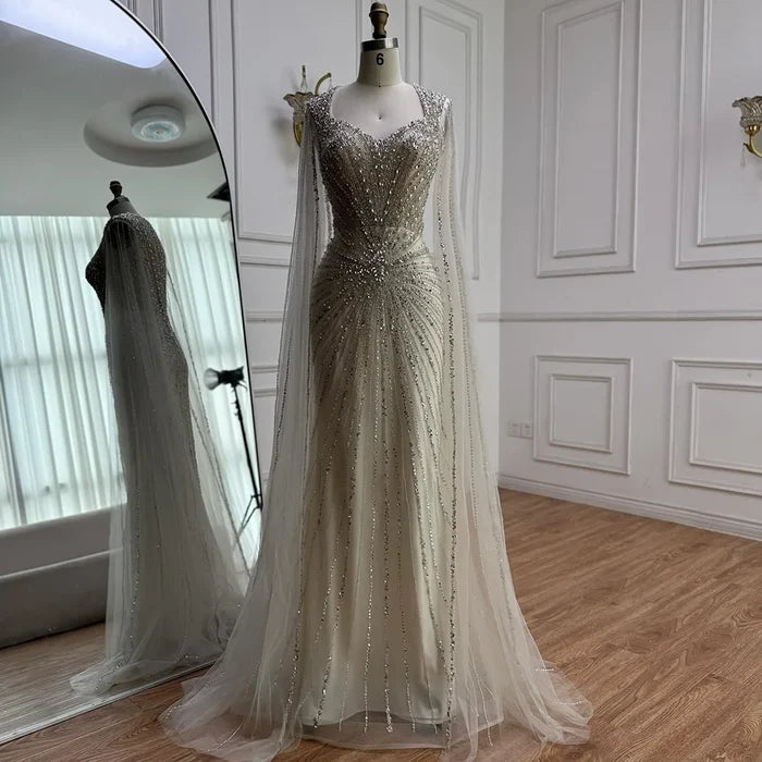 Dubai Luxury Nude Cape Sleeves Beaded Evening Dress LA72575A - SERENE HILL