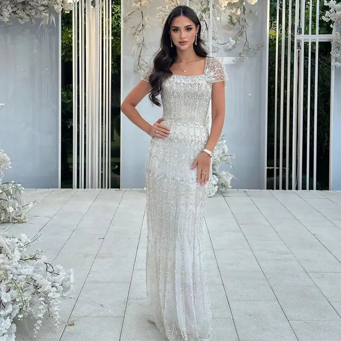Luxury Dubai White Mermaid Beaded Evening Dress with Cape Sleeves LA72714 - SERENE HILL