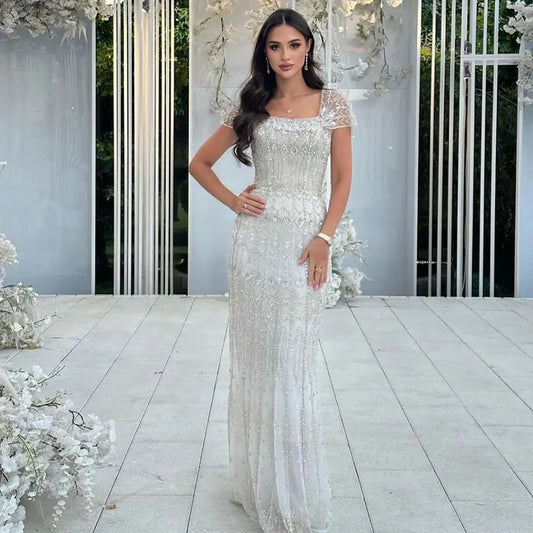 Luxury Dubai White Mermaid Beaded Evening Dress with Cape Sleeves LA72714 - SERENE HILL