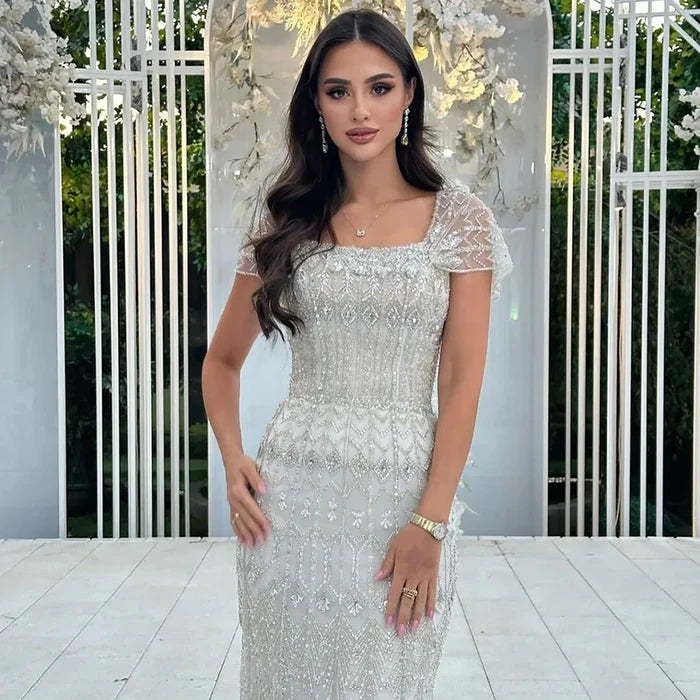 Luxury Dubai White Mermaid Beaded Evening Dress with Cape Sleeves LA72714 - SERENE HILL