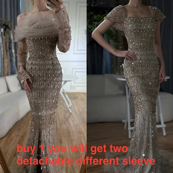 Luxury Dubai White Mermaid Beaded Evening Dress with Cape Sleeves LA72714 - SERENE HILL