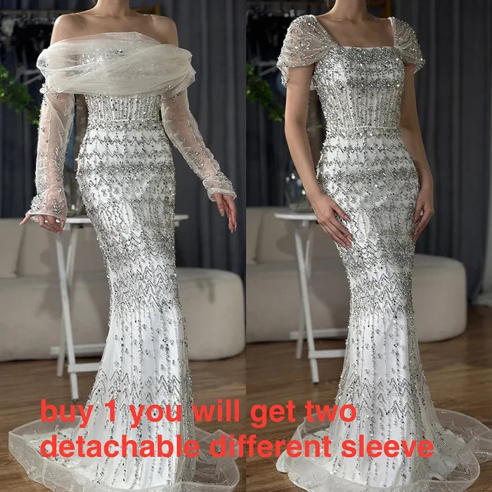 Luxury Dubai White Mermaid Beaded Evening Dress with Cape Sleeves LA72714 - SERENE HILL