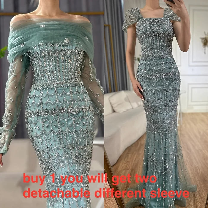 Luxury Dubai White Mermaid Beaded Evening Dress with Cape Sleeves LA72714 - SERENE HILL