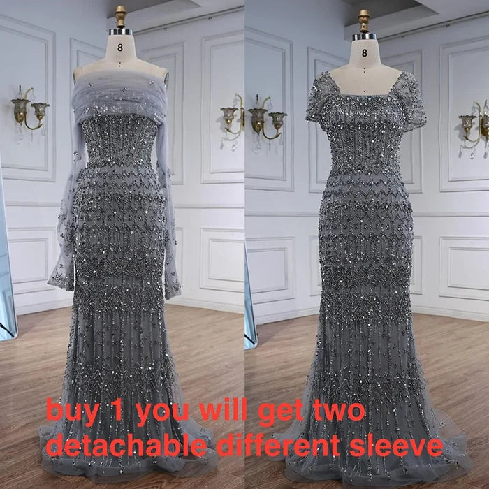 Luxury Dubai White Mermaid Beaded Evening Dress with Cape Sleeves LA72714 - SERENE HILL