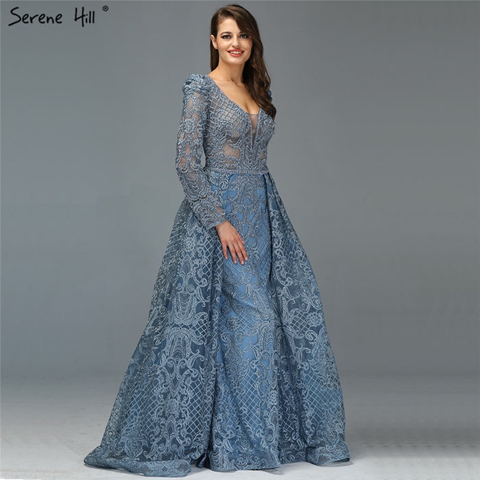 Dubai Muslim Blue Luxury Long elegant Evening Dresses 2025 Crystal Mermaid Evening Gowns Plus Size LA70159 - SERENE HILL