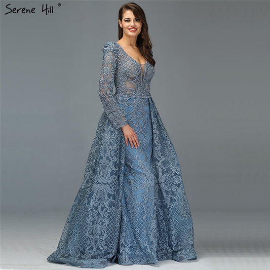 Dubai Muslim Blue Luxury Long elegant Evening Dresses 2025 Crystal Mermaid Evening Gowns Plus Size LA70159 - SERENE HILL