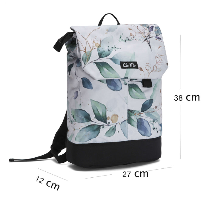 Ela Mo™ Daypack Rucksack | Waterleaf Gold. Der Rucksack mit Maßangaben auf weißem Hintergrund.